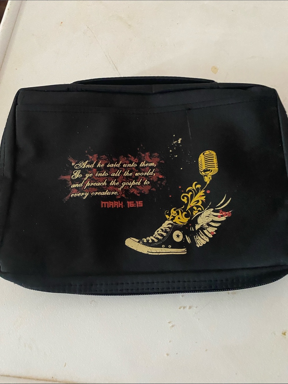 Black Graphic Canvas Messenger Bag with Winged Sneaker Print